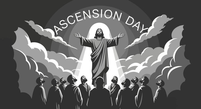 Dramatic illustration of a divine figure's glorious ascension into the heavens, enveloped in radiant light, as devoted followers witness the sacred event of Ascension Day