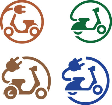 Vector illustration collection featuring four round badge-style scooter icons for micro-mobility services. Includes brown scooter with refresh arrow, green electric scooter with lightning bolt, brown 