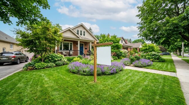 Bungalow house with manicured lawn and blank yard sign