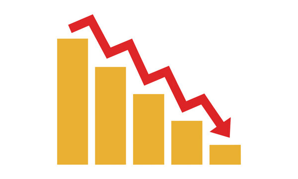 Golden yellow blocks arranged in a descending stair-step pattern with a red arrow pointing down on a white background. Economic downturn concept