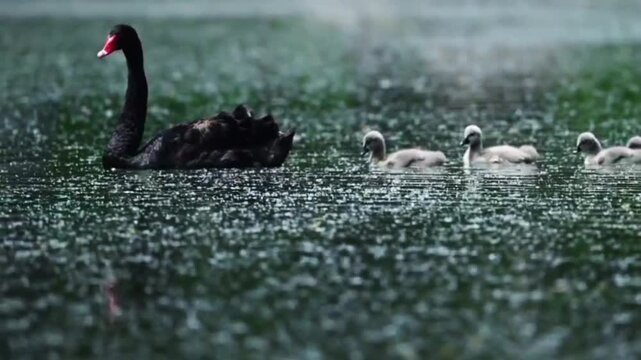 A black swan swimming with its cygnets on a rainy lake