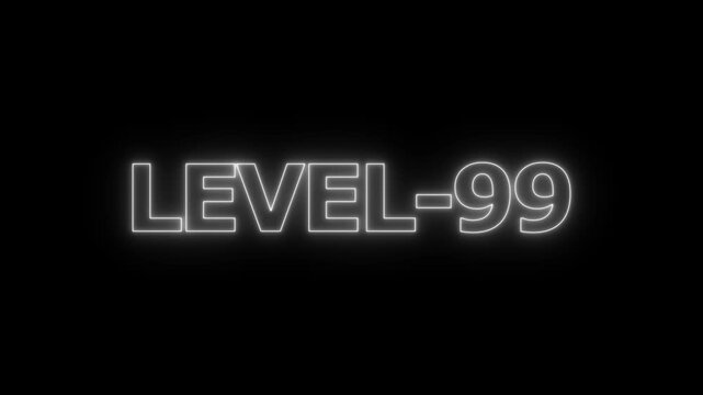Glowing white neon text reading level 99 on a solid black background for game interface or progress tracking