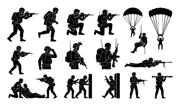Special forces combat silhouette icon set vector illustration isolated on white background