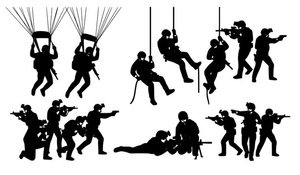 Military tactical soldier action silhouettes vector illustration isolated on white background