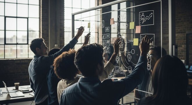 Diverse team collaborating on a glass board with sticky notes and charts in a modern office setting.
