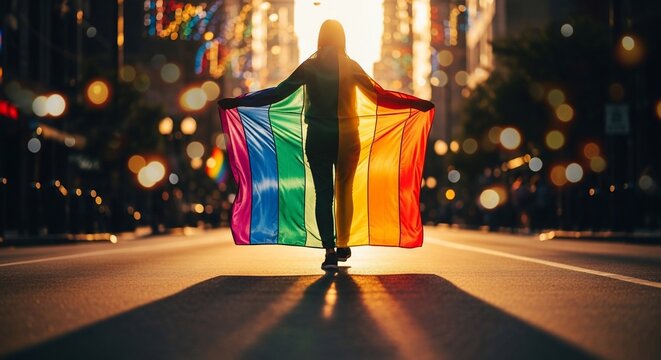 Person holding a rainbow flag in a city street at sunset.