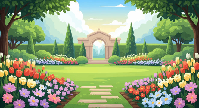 Vector illustration of a manicured landscape garden featuring a stone archway gate, green lawn, stepping stone path, and vibrant flower beds with tulips and daisies in bloom.