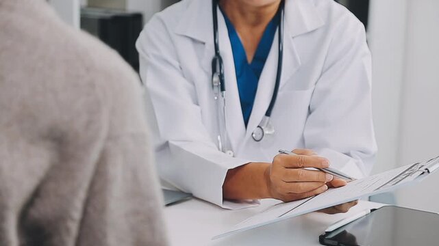 Doctor reviewing medical notes during patient consultation in professional healthcare setting