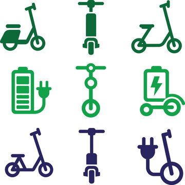 Vector illustration collection featuring nine flat line-style micro-mobility icons. Includes various e-scooters, electric bikes, cargo e-bike