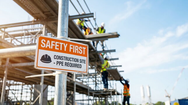 Construction safety sign on scaffolding with workers at active building site, emphasizing workplace hazard prevention.