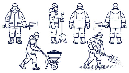 Winter worker with shovel and spreader clearing snow and ice outdoors. © Md