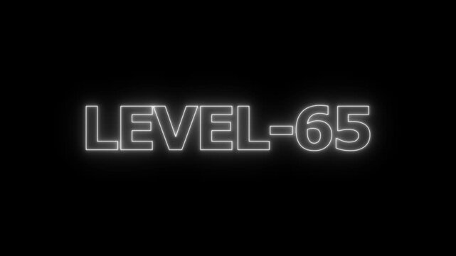 Glowing white neon text reading level 65 isolated on a black background for gaming interface and digital progress display