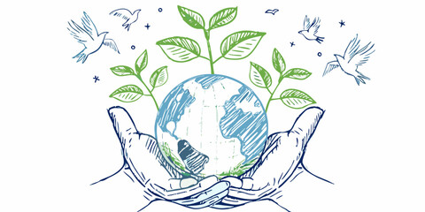 Hands holding earth sketch with plant and flying birds © Prosanta