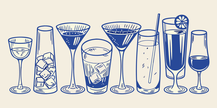 hand drawn blue line art of various cocktail glasses