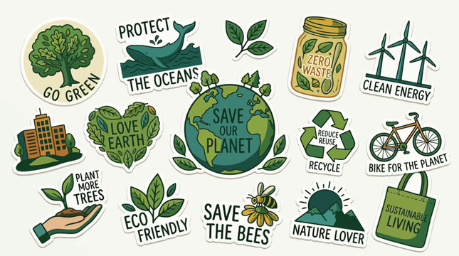 Eco Friendly Environmental Sticker Set featuring Sustainable Icons and Green Living Slogans for Planet Conservation and Ecology Awareness