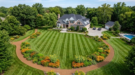 Obraz premium Large suburban mansion with circular striped lawn landscape