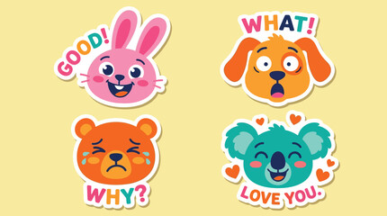 Obraz premium Set of Cute Animal Face Stickers with Expressive Emotions and Text Phrases for Children Messaging Apps and Creative Social Media Content Design