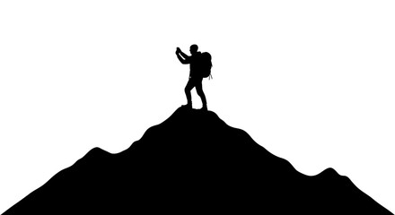 Hiker stands at the peak of a mountain while holding a camera to capture the panoramic landscape view. © yanto