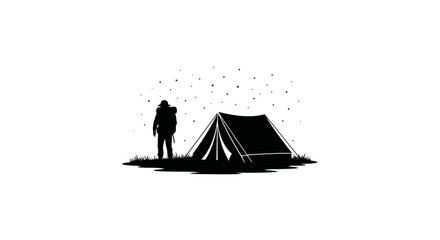 Camper silhouette stands beside a tent under a starry night sky in this wilderness adventure scene. © yanto