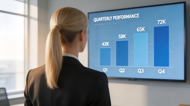Businesswoman viewing quarterly performance chart perfect for modern office and workplace dynamic visuals