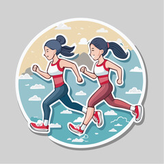 Obraz premium Two Women Running Together in a Cartoon Style