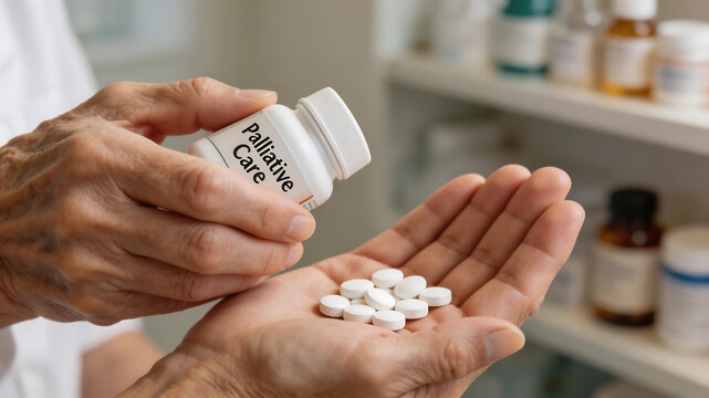 Elderly person holding pills from a palliative care bottle perfect for hospital promotions and health education