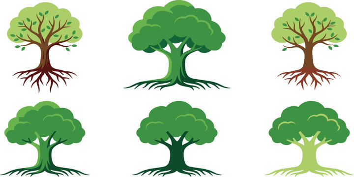 Versatile Green Tree Logo Set with Strong Roots and Thick Canopies for Environmental Organizations, Landscaping Businesses, Sustainable Brands, and Eco Conscious Graphic Design Projects