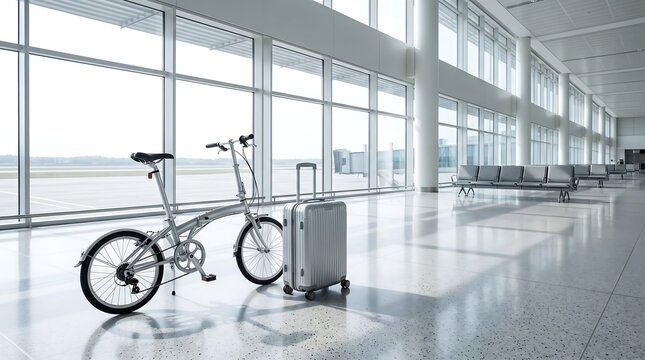 Folding bicycle and suitcase in bright modern airport terminal