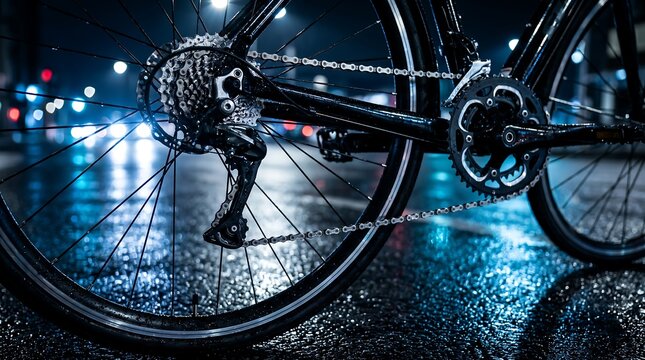 Close up of bicycle rear wheel and chain on wet night street
