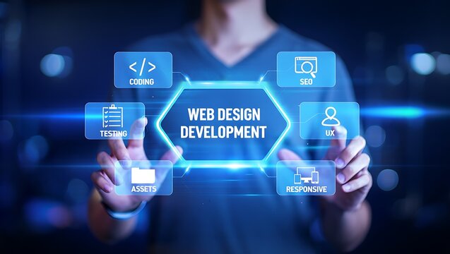 Web design development concept with icons and human hands  technology and innovation