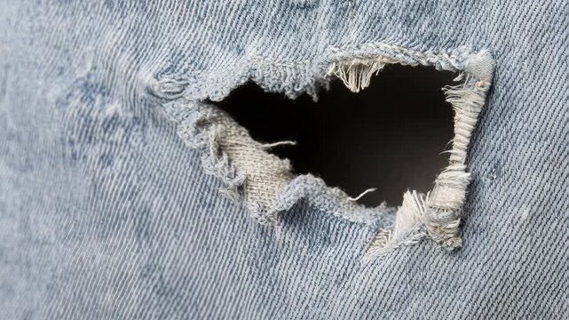 A cute brown rat is looking out of the hole of a pair of blue jeans and running away.