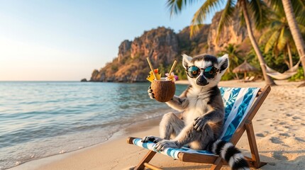 Fototapeta premium Funny lemur drinking coconut cocktail on tropical summer beach