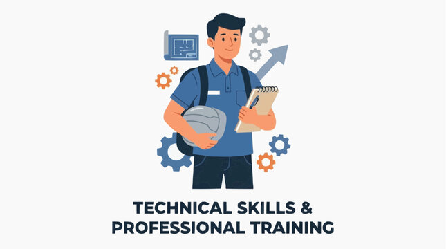 An illustration depicts technical skills and professional training, showcasing a skilled worker in a modern and clean aesthetic.