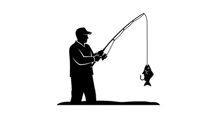 Naklejka premium Silhouette of Man Fishing with Rod and Catch