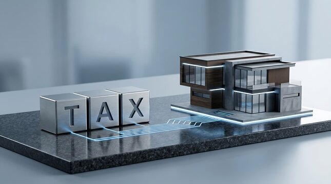 Digital property tax concept with modern house model