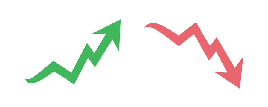 Curved green growth arrow and red decline arrow icons for financial market analysis