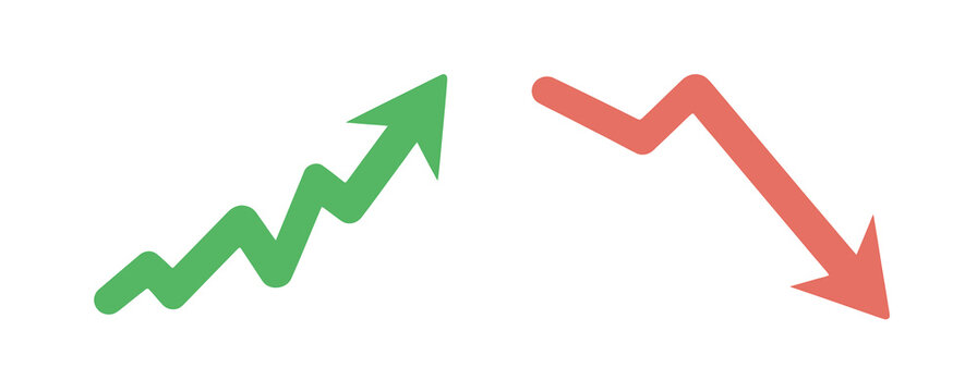 Green rising arrow and red falling arrow icons for business growth and loss analysis