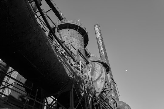 Black and white image of the rusting and peeling exterior of the storage tanks at the Bethlehem Steelworks in Pennsylvania