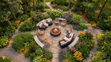 Obraz premium Circular seating arranged around fire pit in landscaped patio