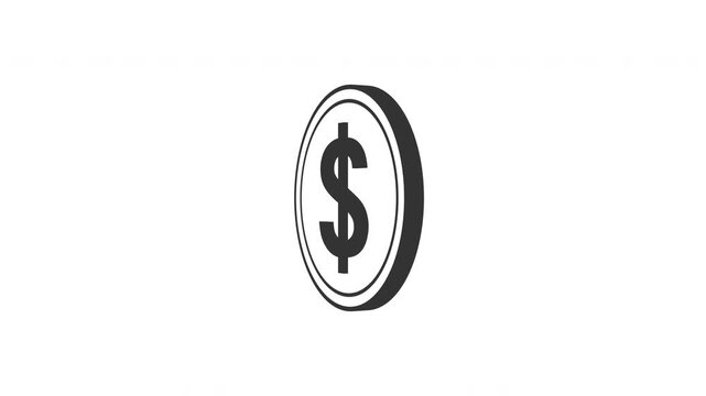3D Monochrome Dollar Coin Line Art Spinning Loop, Transitions from White Background to Alpha Channel