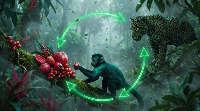 Monkey and leopard in a rainforest with fruit illustrating a simple food chain