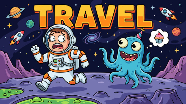 Funny Space Travel Illustration with Alien Monster and Running Astronaut