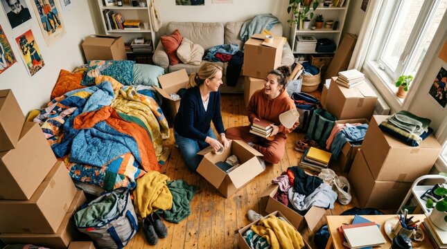 Two women packing boxes in cluttered living room