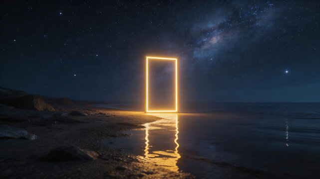Glowing neon frame on beach under starry sky for outdoor lifestyle brands and nature documentaries