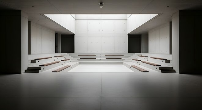 Modern amphitheater with tiered seating and a central open space illuminated by a skylight.