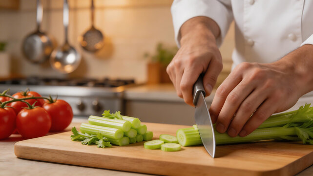 Chef cutting celery in kitchen highlighting premium dining and culinary arts