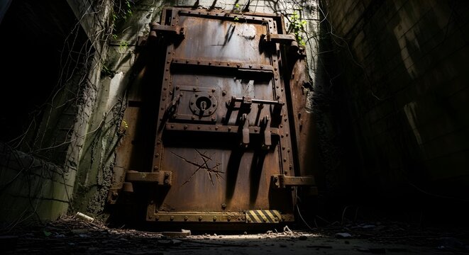 Massive rusty metal blast door secured within a dark concrete bunker entrance.