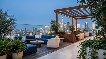 Obraz premium Rooftop lounge seating overlooking city skyline at dusk