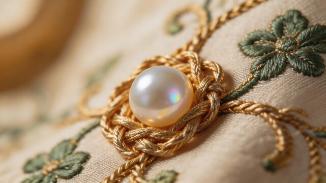 Pearl nestled in golden embroidery highlighting geometric patterns and contemporary art