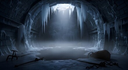 Obraz premium An ancient frozen chamber with icicles hanging from the ceiling and mist on the floor.